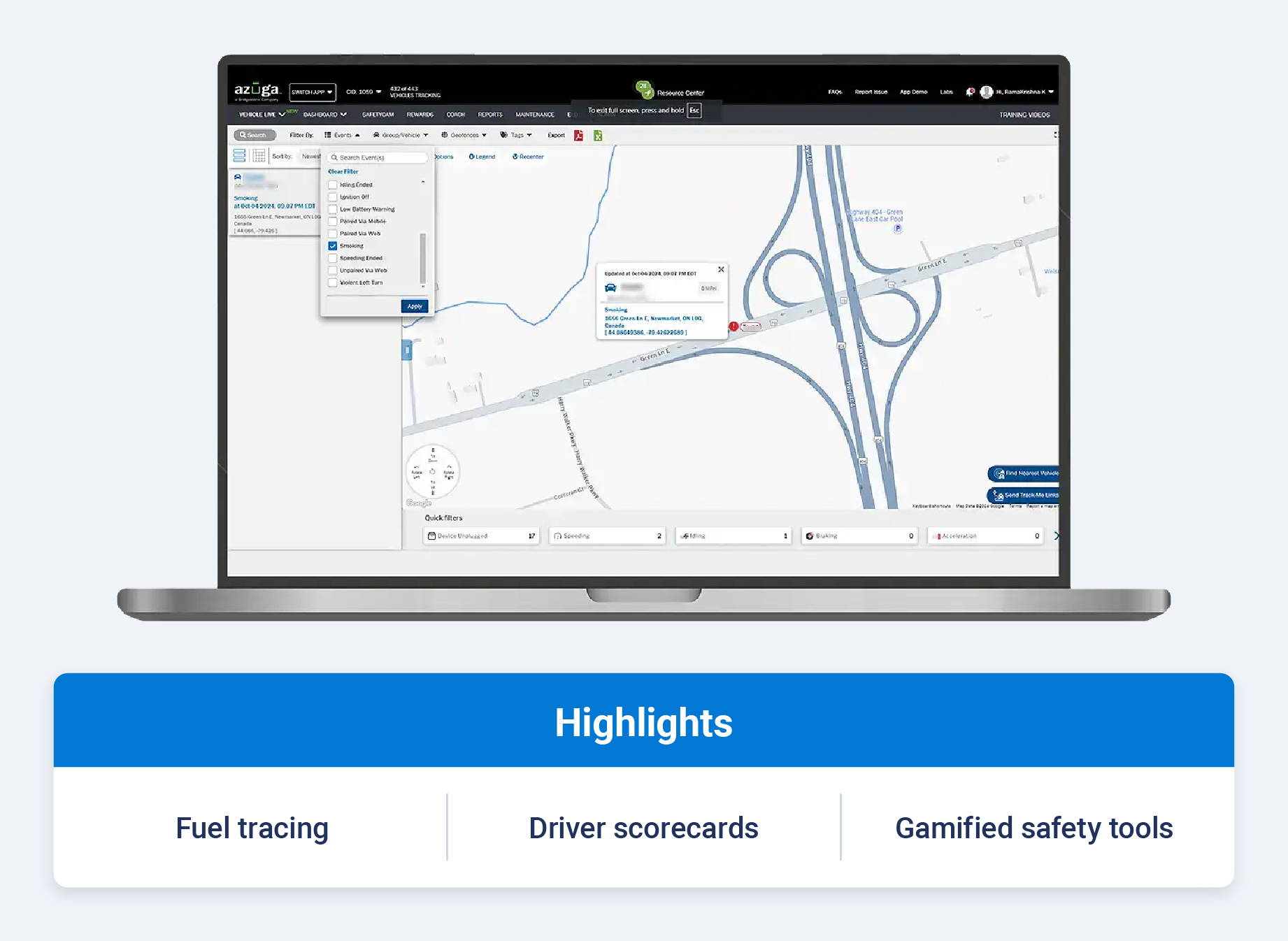 Azuga fleet management dashboard with callouts for fuel tracking, driver scorecards and gamified safety tools that improve performance and reduce costs.